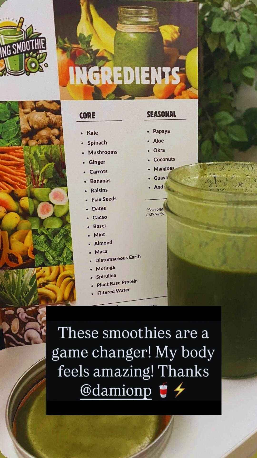 A green smoothie in a mason jar sits next to a smoothie ingredients list featuring both core and seasonal items, with another small glass beside it.