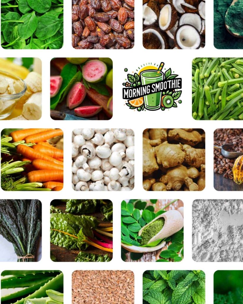 A collage of various fruits, vegetables, nuts, seeds, and greens—perfect ingredients for a morning smoothie—including spinach, dates, coconuts, green beans, guava, bananas, carrots, mushrooms, ginger, and mint.