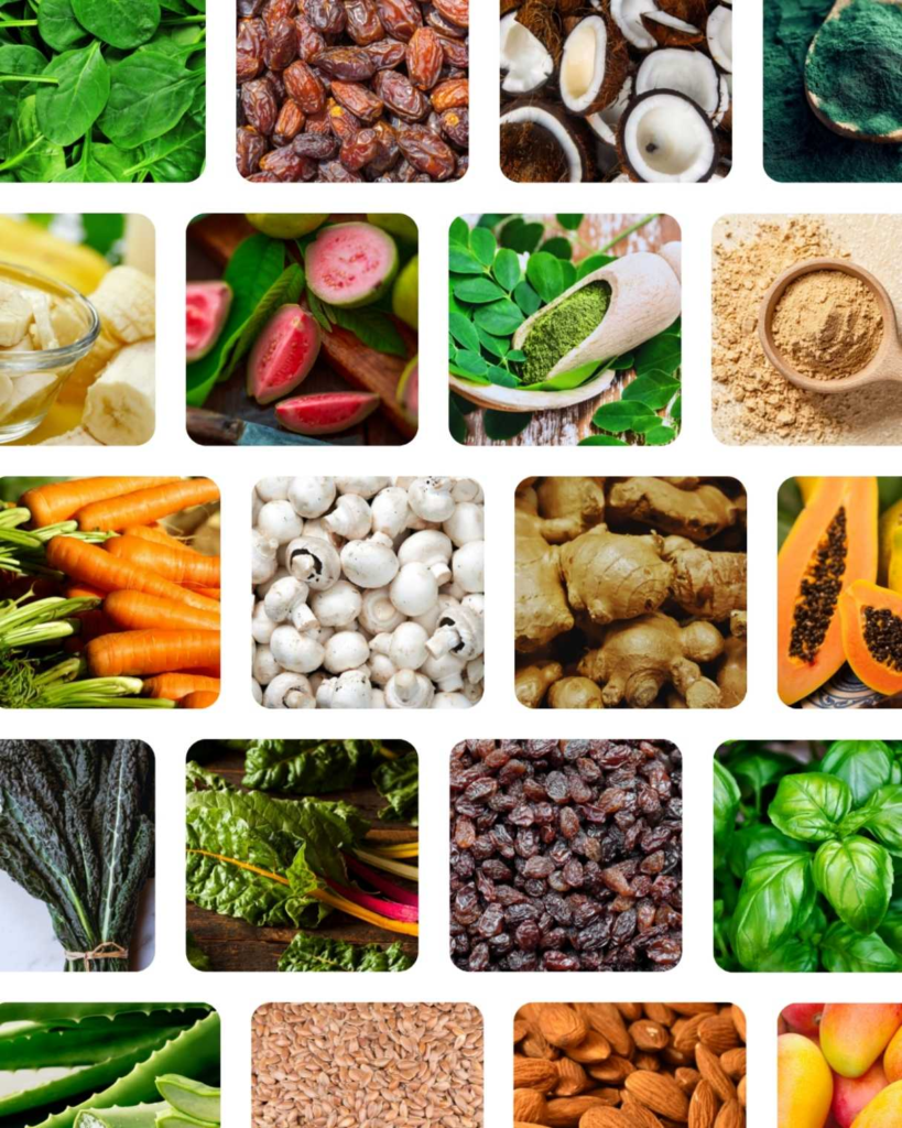 A grid of various foods perfect for a morning smoothie, including leafy greens, bananas, coconut, guava, powder supplements, carrots, mushrooms, ginger, kale, basil, aloe, flaxseed, dates, raisins, papaya and almonds.