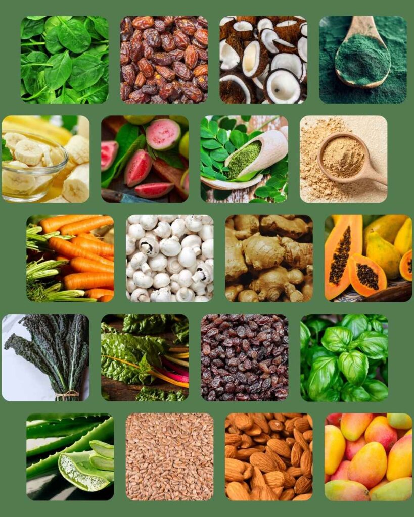 A collage of various healthy foods, perfect for a morning smoothie, including leafy greens, nuts, seeds, mushrooms, fruits, vegetables, spices, and powders arranged in a grid pattern.